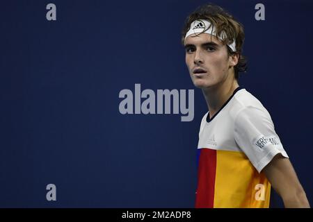 Stefanos Tsitsipas wurde während eines Finalspiels 1/2 zwischen dem belgischen David Goffin und dem griechischen Stefanos Tsitsipas am fünften Tag des ATP Antwerpener Tennisturnier auf Hartplatz am Freitag, den 20. Oktober 2017 in Antwerpen gezeigt. BELGA FOTO DIRK WAEM Stockfoto