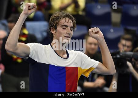 Stefanos Tsitsipas wurde während eines Finalspiels 1/2 zwischen dem belgischen David Goffin und dem griechischen Stefanos Tsitsipas am fünften Tag des ATP Antwerpener Tennisturnier auf Hartplatz am Freitag, den 20. Oktober 2017 in Antwerpen gezeigt. BELGA FOTO DIRK WAEM Stockfoto