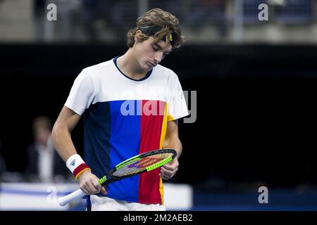 Der griechische Stefanos Tsitsipas wurde während eines Finalspiels 1/2 am sechsten Tag des ATP-Tennisturniers in Antwerpen auf Hartplätzen am Samstag, den 21. Oktober 2017, in Antwerpen abgebildet. BELGA FOTO KRISTOF VAN ACCOM Stockfoto