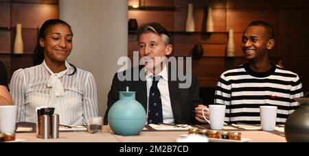 Belgian heptathlon athlete Nafissatou 'Nafi' Thiam, IAAF Chairman Sebastian Coe and Qatar's Mutaz Essa barshim pictured during the IAAF Athletics Award day after press breakfast in Monte Carlo, Monaco, Friday 24 November 2017. BELGA PHOTO YORICK JANSENS Stock Photo