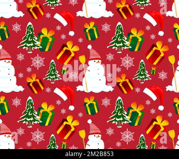 Christmas Seamless pattern winth Snowflake, Sant Hat, Pine Tree and Snowman. Winter Holiday Vector background. Stock Vector