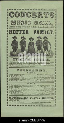 Konzerte in der Music Hall, am Freitagabend, am 30. November, und am Montagabend, am 3. Dezember 1855, Hoffer Family, Tyroler Sänger, Konzerte, Boston Music Hall Boston, Massachusetts. Graupner und Early Boston Musical Scores plus Boston Music Hall Ephemera Stockfoto
