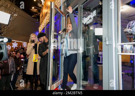 ATTENTION EDITORS - HAND OUT PICTURES - EDITORIAL USE ONLY The presenters are released from the glass house, at the final show of the fifth edition of charity action 'Viva For Life', organized by radio station VivaCite, part of Belgian French-speaking public television and radio broadcaster RTBF, Saturday 23 December 2017 in Nivelles. Three radio presenters were locked in the glass studio for six days and six nights, from 17 to 23 December at the Grand-Place in Nivelles. BELGA PHOTO RTBF HAND OUT - MARTIN GODFROID  Stock Photo