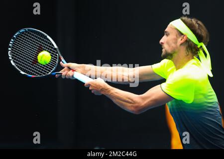 Belgischer Ruben Bemelmans, das während eines Tennisspiels zwischen belgischem Ruben Bemelmans (ATP 118) und kroatischem Viktor Galovic (ATP 193) in der zweiten Qualifikationsrunde für das Singleturnier der Männer beim „Australian Open“ Tennis Grand Slam am Freitag, den 12. Januar 2018 in Melbourne, Australien, abgebildet wird. Der erste Grand Slam der Saison findet vom 15. Bis 28. Januar statt. BELGA FOTO PATRICK HAMILTON BELGA FOTO PATRICK HAMILTON Stockfoto