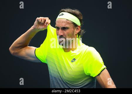 Belgischer Ruben Bemelmans, das während eines Tennisspiels zwischen belgischem Ruben Bemelmans (ATP 118) und kroatischem Viktor Galovic (ATP 193) in der zweiten Qualifikationsrunde für das Singleturnier der Männer beim „Australian Open“ Tennis Grand Slam am Freitag, den 12. Januar 2018 in Melbourne, Australien, abgebildet wird. Der erste Grand Slam der Saison findet vom 15. Bis 28. Januar statt. BELGA FOTO PATRICK HAMILTON BELGA FOTO PATRICK HAMILTON Stockfoto
