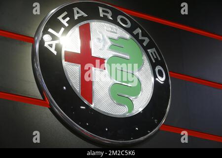 Alfa Romeo logo pictured during the 96th edition of the Brussels Motor Show, at Brussels Expo, on Sunday 14 January 2018, in Brussels. BELGA PHOTO NICOLAS MAETERLINCK Stock Photo