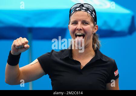 Kirsten Flipkens feiert ihren Sieg bei einem Tennisspiel zwischen belgischem Kirsten Flipkens (WTA 74) und US Alison Riske (WTA 70), in der ersten Runde des Frauenspielturniers für Singles bei den „Australian Open“ Tennis Grand Slam, Montag, den 15. Januar 2018 in Melbourne, Australien. Der erste Grand Slam der Saison findet vom 15. Bis 28. Januar statt. BELGA FOTO PATRICK HAMILTON Stockfoto