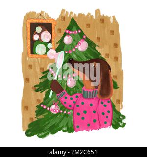 Handgezeichnete Darstellung eines Hundedackels in rosa Pullover neben dem weihnachtsbaum im Innenraum. Niedliches Winterdesign für Poster-Einladungskarte, lustiger Aufdruck für Kinder Kinder fröhliche deko-Kunst im dezember Stockfoto