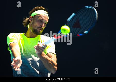 Der belgische Ruben Bemelmans spielt in der zweiten Runde des Männer-Singles-Turniers beim „Australian Open“ Tennis Grand Slam am Mittwoch, den 17. Januar 2018 in Melbourne Park, Australien, um ein Tennisspiel zwischen dem georgischen Nikoloz Basilashvili (ATP 61) und dem belgischen Ruben Bemelmans (ATP 117) zu verlieren. Der erste Grand Slam der Saison findet vom 15. Bis 28. Januar statt. BELGA FOTO PATRICK HAMILTON Stockfoto