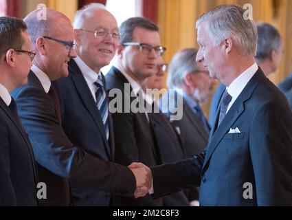 PS' Philippe Courard, Brussels parliament chairman Charles Picque and King Philippe - Filip of Belgium pictured ahead of a New Year's reception organized by the Royal Family for the Belgian Authorities, at the Royal Palace, in Brussels, Thursday 18 January 2018. BELGA PHOTO BENOIT DOPPAGNE Stock Photo