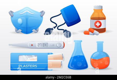 Set of medical and scientific equipments . N95 mask . Sphygmomanometer . Medicine bottle . Thermometer . Plasters . Test tube . Vector . Stock Vector