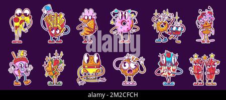 Fast food retro stickers, cute vintage labels. Funny characters of pizza, burger, french fries, hot dog, donut, croissant, ice cream, cola and cake, vector cartoon set in y2k style Stock Vektor