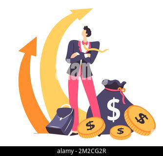Finanzielles Wachstum und Erfolg bei der Arbeit, Mann mit Geld Stock Vektor