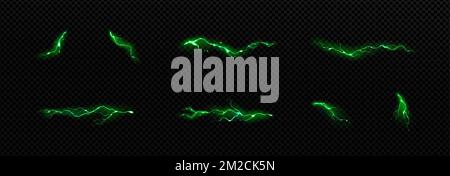 Green lightnings, electric strikes, thunderbolt discharges isolated on transparent background. Set of magic sparking, electric impact effects, vector realistic illustration Stock Vektor