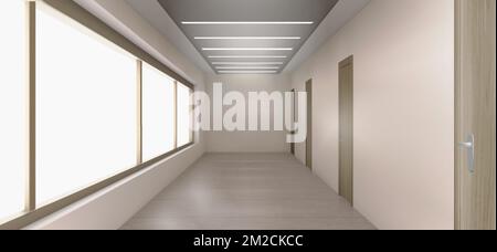 Hospital corridor interior with closed doors, windows and ceiling lamps. Empty hallway with beige walls in apartment house, hotel, school or clinic, vector realistic illustration Stock Vektor
