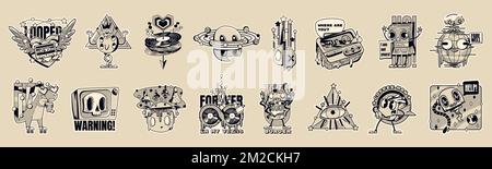 Y2k monochrome stickers retro rave psychedelic patches pack. Trippy mushrooms, robot, skull, burger monster and skating dinosaur. Vintage tape, money, pager and vinyl disks, Cartoon vector icons set Stock Vector