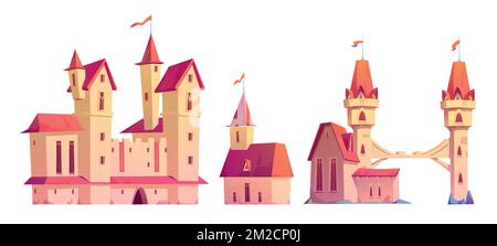 Set of medieval town buildings isolated on white background. Cartoon vector illustration of old city architecture with flags on top of red roofs, fortress with towers, bridge, house. Design elements Stock Vector