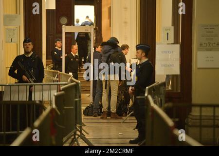 Illustration picture shows security near the entrance of the courtroom before the start of the first day of the trial of Abdeslam and Ayari for attempted murder in a terrorist context, on March 15th in the Rue Dries - Driesstraat in Forest - Vorst, in Brussels, in front of the Brussels criminal court, Monday 05 February 2018. In the shooting, five police officers were injured and an alleged terrorist, Mohamed Belkaid, was killed. The shooting happened during a search of the apartment, part of the investigation on the Paris terrorist attacks. BELGA PHOTO YORICK JANSENS Stock Photo