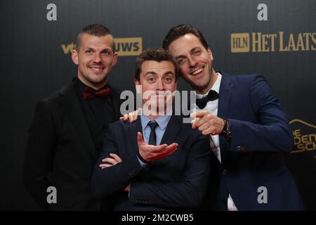 Lokeren's goalkeeper Davino Verhulst, actor and singer Niels Destadsbader and actor Guga Baul pictured on the red carpet at the arrival for the 64th edition of the 'Golden Shoe' award ceremony, Wednesday 07 February 2018, in Bruxelles. The Golden Shoe (Gouden Schoen / Soulier d'Or) is an award for the best soccer player of the Belgian Jupiler Pro League championship during the calender year 2017. BELGA PHOTO VIRGINIE LEFOUR  Stock Photo