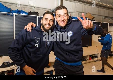 Gent's goalkeeper Lovre Kalinic (R) poses together with Dylan Bronn in the locker room after a training of KAA Gent Jupiler Pro League club, in Gent, Thursday 08 February 2018. BELGA PHOTO JAMES ARTHUR GEKIERE Stock Photo