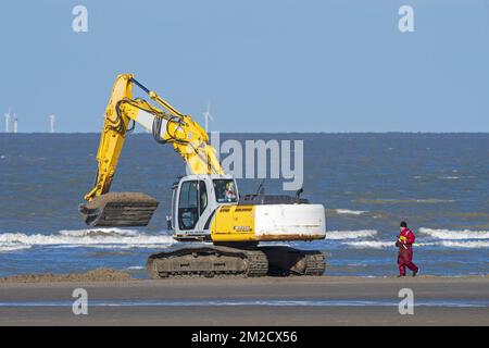 ADEDE Search & Recovery Team sucht nach deutschen Minen und nicht explodierten Kampfmitteln am Strand zwischen Wenduine und De Haan, Westflandern, Belgien | ADEDE Search & Recovery, spécialisée dans la Recherche et l'Extraction de munitions non explosées à la plage entre Wenduine et De Haan / Le Coq, Belgique 07/02/2018 Stockfoto