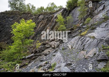 Ballachulish slate quarry showing overgrown cliff, Lochaber, Highland, Scotland, UK | Ancienne carrière d'ardoises à Ballachulish, Lochaber, Ecosse, Royaume-Uni 05/06/2017 Stock Photo