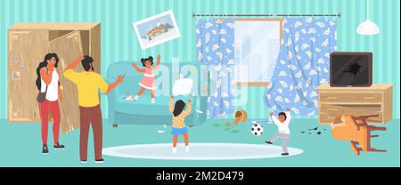 Naughty mischievous children in messy room vector Stock Vektor