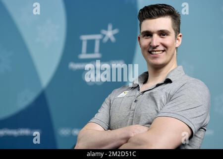 Der belgische Skifahrer Kai Alaerts wurde auf einer Pressekonferenz, bei den XXIII Olympischen Winterspielen am Sonntag, den 18. Februar 2018, in Pyeongchang, Südkorea, fotografiert. Die Olympischen Winterspiele finden vom 9. Bis 25. Februar in Pyeongchang County, Südkorea, statt. BELGA FOTO DIRK WAEM Stockfoto