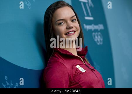 Die belgische Eiskunstläuferin Loena Hendrickx posiert nach einer Pressekonferenz bei den XXIII. Olympischen Winterspielen am Montag, den 19. Februar 2018, in Pyeongchang, Südkorea. Die Olympischen Winterspiele finden vom 9. Bis 25. Februar in Pyeongchang County, Südkorea, statt. BELGA FOTO DIRK WAEM Stockfoto