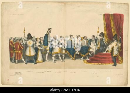 La cour du roi petaud , Politiker, Historiker, Präsidenten, Kabinettsbeamte, Staatsmänner, Diplomaten, Gouverneure, Philosophen, Militäroffiziere, Richter, Autoren, Generäle, Thiers, Adolphe, 1797-1877, Dupin, M. André-Marie-Jean-Jacques, 1783-1865, Argout, Apollinaire-Antoine-Maurice, comte d', 1782-1858, Guizot, 1787-1874, Atthalin, Louis Jean-Baptiste, Baron, 1784-1856, Barthe, F. Félix, 1795-1863, Kératry, A. H. Auguste Hilarion, 1769-1859, Mouton, Georges, comte de Lobau, 1770-1838, Madier de Montjau, M. Joseph-Paulin, 1785-1865, Soult, Nicolas-Jean de Dieu, 1769-1851, Royer-Collar Stockfoto