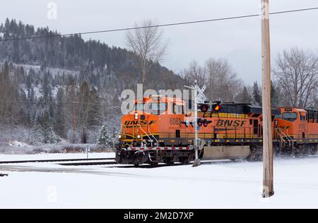 Eine BNSF-Diesel-Elektrolokomotive GE ES44DC, Triebwerk Nr. 6083, an einer Kreuzung im Schnee, nördlich von Troy, Montana. Stockfoto