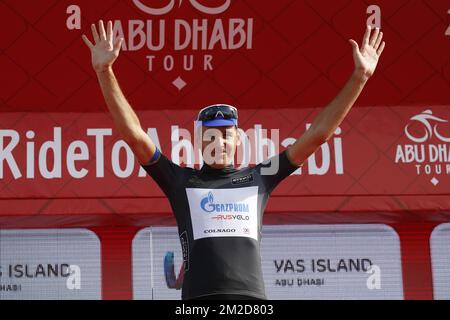 Der russische Nikolay Trusov von Gazprom-RusVelo feiert nach der vierten Auflage der Radtour nach Abu Dhabi, von der YAS Mall zum YAS Beach (154km) auf der YAS Insel, in Abu Dhabi, Donnerstag, den 22. Februar 2 2018. BELGA FOTO YUZURU SUNADA FRANCE RAUS Stockfoto