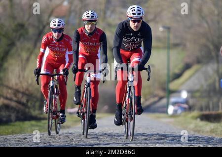 Cofidis riders pictured in action during the reconnaissance of the track of the 2018 edition of the one-day cycling race Omloop Het Nieuwsblad, Thursday 22 February 2018. BELGA PHOTO YORICK JANSENS Stock Photo