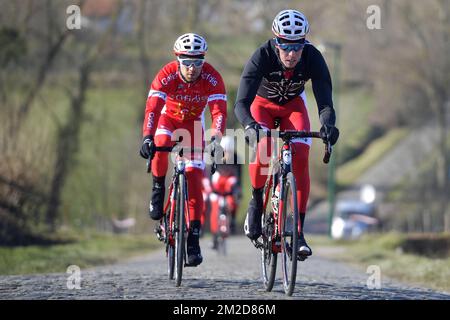 Cofidis riders pictured in action during the reconnaissance of the track of the 2018 edition of the one-day cycling race Omloop Het Nieuwsblad, Thursday 22 February 2018. BELGA PHOTO YORICK JANSENS Stock Photo