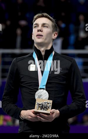 Belgischer Bart Swings feiert seine Silbermedaille bei der Medaillenverleihung nach dem rasanten Herrenbesuch bei den XXIII Olympischen Winterspielen am Samstag, den 24. Februar 2018 in Pyeongchang, Südkorea. Die Olympischen Winterspiele finden vom 9. Bis 25. Februar in Pyeongchang County, Südkorea, statt. BELGA FOTO DIRK WAEM Stockfoto