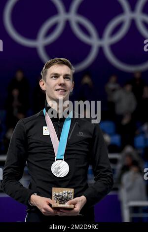 Belgischer Bart Swings feiert seine Silbermedaille bei der Medaillenverleihung nach dem rasanten Herrenbesuch bei den XXIII Olympischen Winterspielen am Samstag, den 24. Februar 2018 in Pyeongchang, Südkorea. Die Olympischen Winterspiele finden vom 9. Bis 25. Februar in Pyeongchang County, Südkorea, statt. BELGA FOTO DIRK WAEM Stockfoto