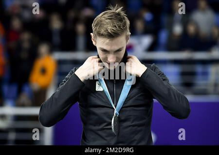 Belgischer Bart Swings feiert seine Silbermedaille bei der Medaillenverleihung nach dem rasanten Herrenbesuch bei den XXIII Olympischen Winterspielen am Samstag, den 24. Februar 2018 in Pyeongchang, Südkorea. Die Olympischen Winterspiele finden vom 9. Bis 25. Februar in Pyeongchang County, Südkorea, statt. BELGA FOTO DIRK WAEM Stockfoto