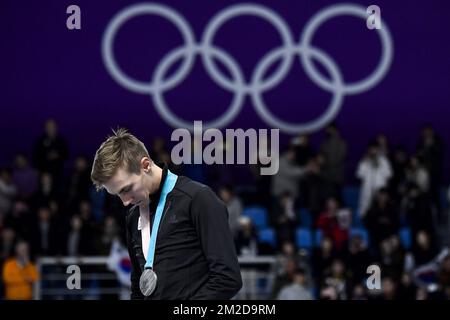 Belgischer Bart Swings feiert seine Silbermedaille bei der Medaillenverleihung nach dem rasanten Herrenbesuch bei den XXIII Olympischen Winterspielen am Samstag, den 24. Februar 2018 in Pyeongchang, Südkorea. Die Olympischen Winterspiele finden vom 9. Bis 25. Februar in Pyeongchang County, Südkorea, statt. BELGA FOTO DIRK WAEM Stockfoto