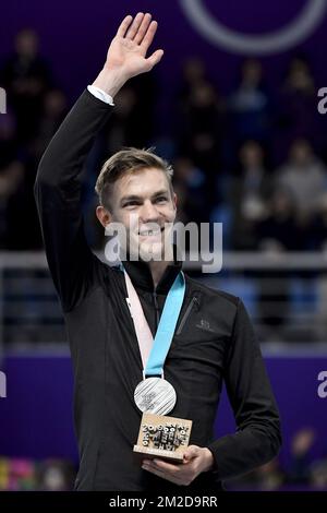 Belgischer Bart Swings feiert seine Silbermedaille bei der Medaillenverleihung nach dem rasanten Herrenbesuch bei den XXIII Olympischen Winterspielen am Samstag, den 24. Februar 2018 in Pyeongchang, Südkorea. Die Olympischen Winterspiele finden vom 9. Bis 25. Februar in Pyeongchang County, Südkorea, statt. BELGA FOTO DIRK WAEM Stockfoto