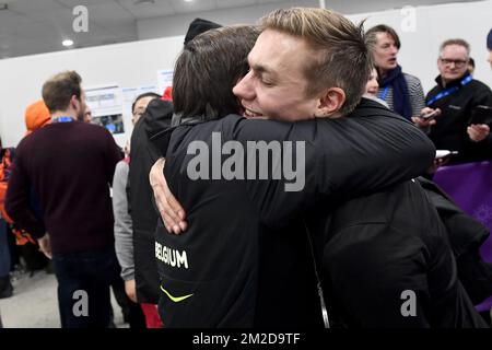 Belgian silver medalist Bart Swings (R) celebrates after the finals of the men's mass start speed skating event at the XXIII Olympic Winter Games, Saturday 24 February 2018, in Pyeongchang, South Korea. The Winter Olympics are taking place from 9 February to 25 February in Pyeongchang County, South Korea. BELGA PHOTO DIRK WAEM Stock Photo