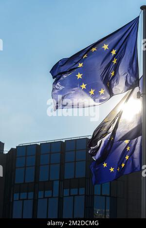 Mehrere offizielle europäische Flaggen mit den blauen und gelben Sternen sind entlang des Berlaymont-Gebäudes gehisst | plusieurs drapeaux officiels europeens sont hisses le Long du Berlaymont 27/02/2018 Stockfoto