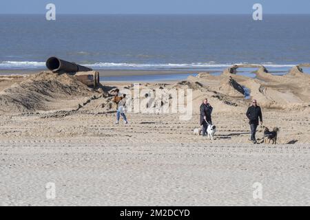 Dog owners walking their dogs on beach during sand replenishment / beach nourishment project to make wider beaches at the Belgian coastline | Promeneurs avec chiens promenant pendant sable de reconstitution sur la plage d'Ostende pour réduire les dommages créés par des tempêtes, Belgique 22/02/2018 Stock Photo