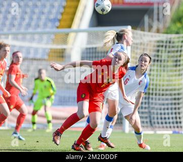 Belgium's Tine De Caigny pictured in action during and Czech's Eva Bartonova a soccer game between Belgium's Red Flames and Czech Republic, at the Cyprus women cup, Wednesday 28 February 2018, in Larnaca, Cyprus. BELGA PHOTO DAVID CATRY Stock Photo