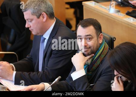 Head of cdH group Dimitri Fourny and cDH's Maxime Prevot pictured during a plenary session of the Walloon Parliament in Namur, Wednesday 28 February 2018. BELGA PHOTO BRUNO FAHY  Stock Photo