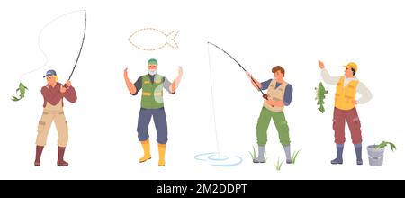 Fisherman with rod and fish vector isolated set Stock Vektor