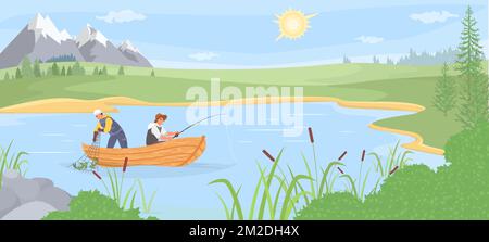 Fisherman in boat over summer landscape vector Stock Vektor