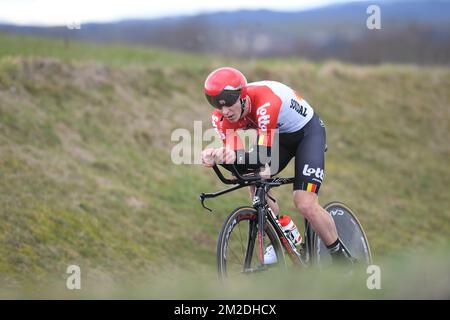 Belgian Jelle Wallays of Lotto Soudal rides the fourth stage of the 76th edition of Paris-Nice cycling race, a 18,4 km individual time trial from La Fouillouse to Saint-Etienne, France, Wednesday 07 March 2018. The race starts on the 4th and ends on the 11th of March. BELGA PHOTO DAVID STOCKMAN  Stock Photo