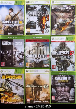 Sammlung gewalttätiger Ego-Shooter-Videospiele für Xbox 360 und Xbox One | Collection de jeux de tir à la Première personne / jeux vidéos Violents pour Xbox 360 und Xbox One 07/03/2018 Stockfoto