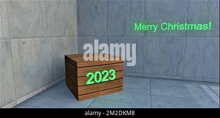Weihnachtlicher Holzständer als Geschenk in Betonzimmer. Grün leuchtende Aufschrift 2023. 3D-Rendering. Stockfoto