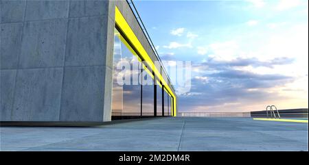 Betonboden und -Wände. Riesige Glastüren. Gelbes Tageslicht. Leere geräumige Terrasse auf dem Dach des Gebäudes. 3D-Rendering. Stockfoto